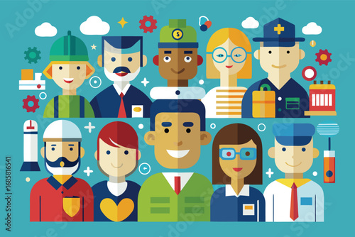 Diverse group of professionals smiling together in a creative design format