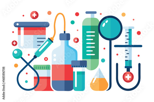 Explore various laboratory equipment and medical supplies in a vibrant design