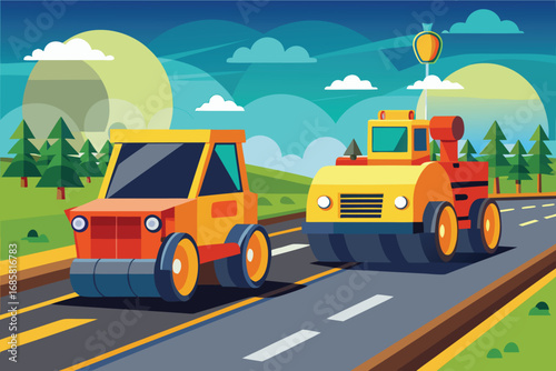 Colorful cartoon vehicles driving on a road in a vibrant landscape during daytime