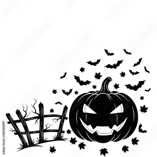 Vector art of eerie halloween scene featuring a spooky pumpkin, bats, and a dilapidated fence for a chilling atmosphere