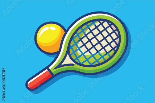 Colorful tennis racket and ball on bright blue background