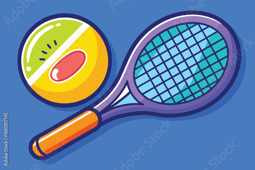Colorful tennis racket and ball on a vibrant blue background for sports illustration