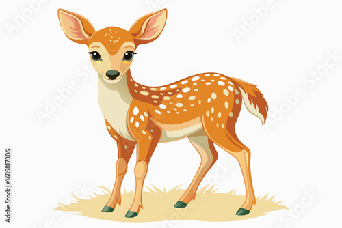 Cute cartoon fawn standing on soft grass with a friendly expression and spotted coat