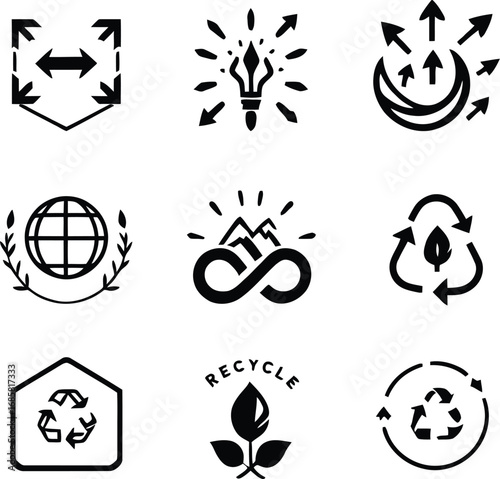 Nine black and white sustainability and recycling icons arranged in a three by three grid format