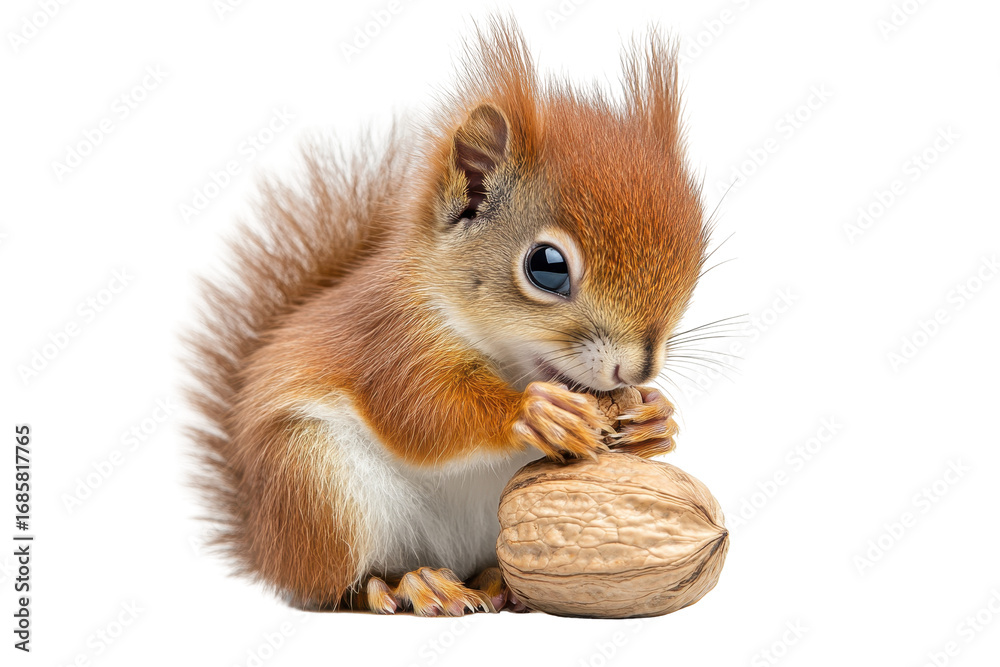 Obraz premium Cute little squirrel eats walnut, isolated on a transparent white background, woodland animal