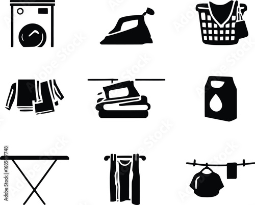 Illustration of laundry symbols including washing machine iron and clothesline in black and white style