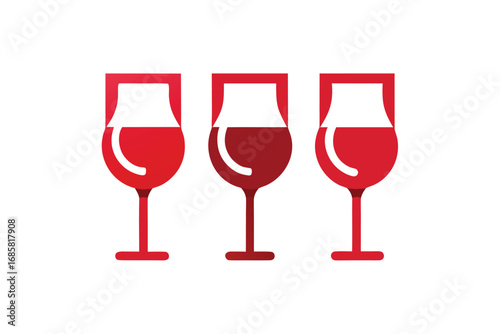 Three red wine glasses arranged in a decorative pattern for a festive event celebration