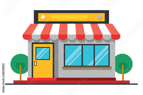 Charming storefront with red and white awning on a sunny day in a vibrant neighborhood