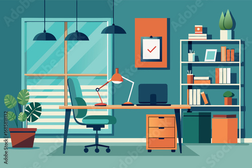Modern home office with stylish decor and ample natural light in bright color palette