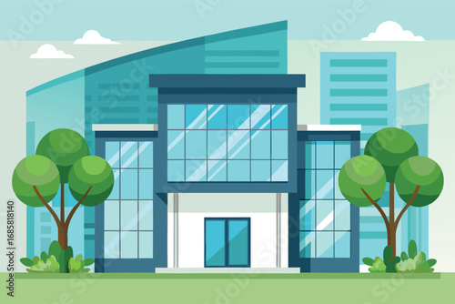 Modern architectural design of a building surrounded by green trees in a city setting