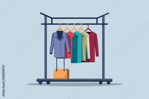 Clothing rack displaying colorful garments in a minimalist setting