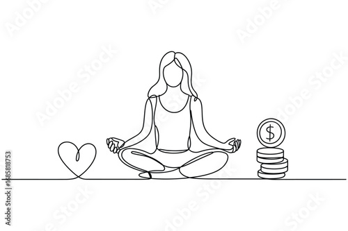 Minimalist Continuous One-Line Art of a Woman Meditating with a Heart and Coins