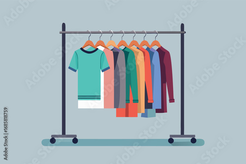 Colorful clothing rack showcases a variety of garments in a minimalist setting