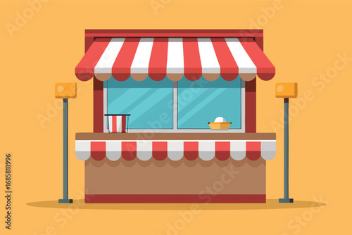 Brightly colored food stall with striped awning and serving counter in a sunny setting