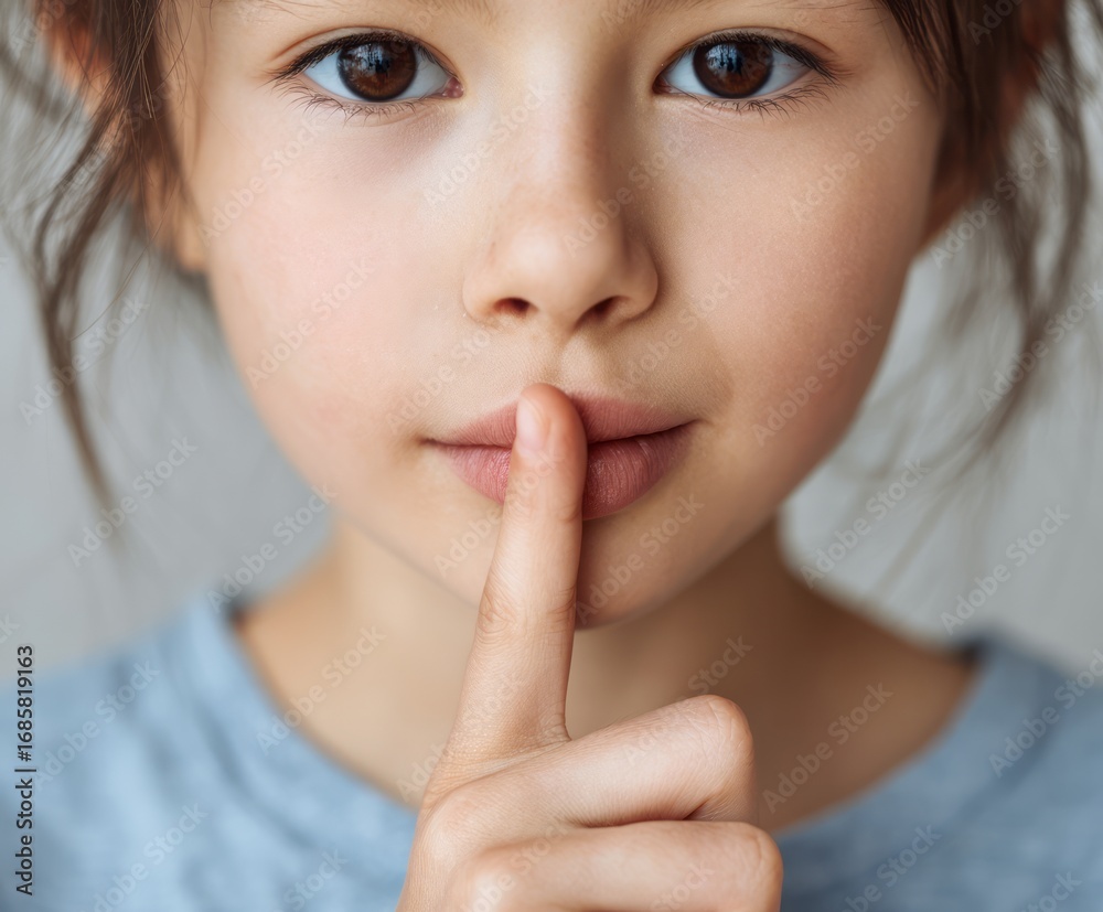 Naklejka premium Close-up of a young child's face, making a silent gesture with a finger to the lips, conveying a message of quietude and secrecy.