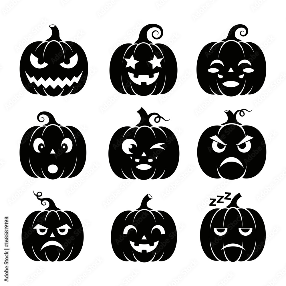 Vector art of collection of nine black and white halloween pumpkin faces with different expressions Vector art of collection of nine black and white halloween pumpkin faces with different expressions