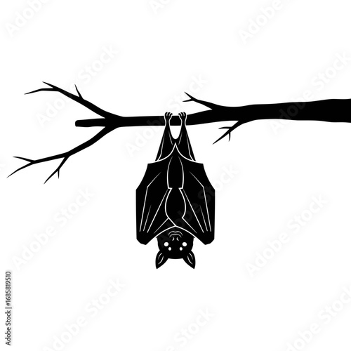 Vector art of a bat hanging upside down from a branch, a classic halloween image, a symbol of the night