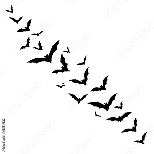 Vector art of a flock of bats flying in silhouette, perfect for halloween designs, spooky themes, and nocturnal art