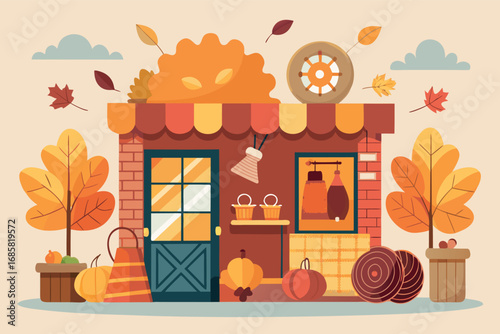 Colorful autumn market storefront with decorative elements in a cheerful fall setting