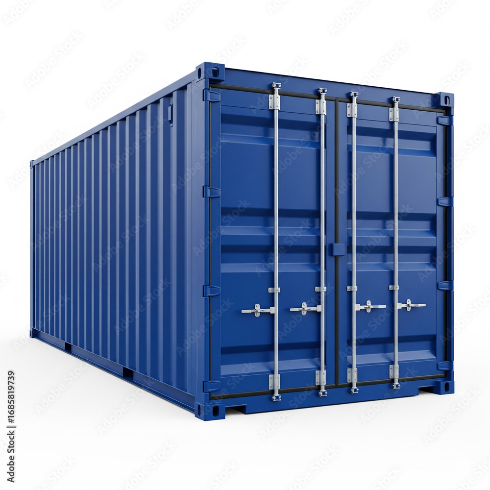 Ultra realistic image of large blue shipping container isolated on white background no branding or text