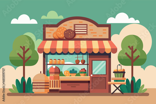 Charming bakery storefront with colorful pastries and a welcoming atmosphere
