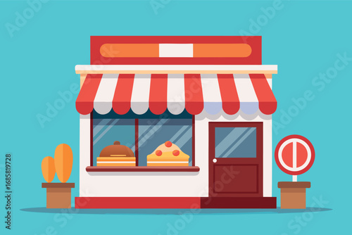 Charming pastry shop with colorful awning and tempting displays of desserts