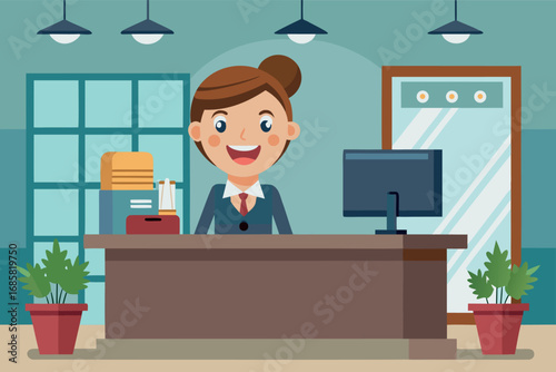 Warm and welcoming receptionist at a modern office desk with plants and computer