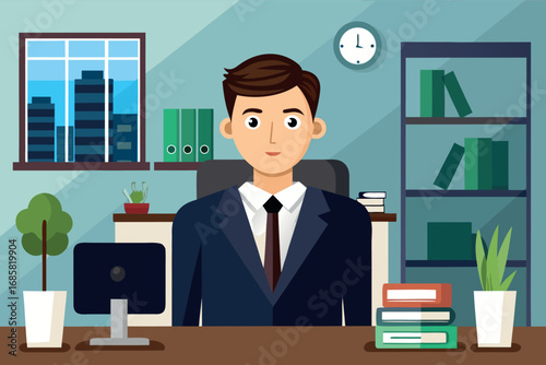 Professional man seated at desk in a modern office environment during daytime