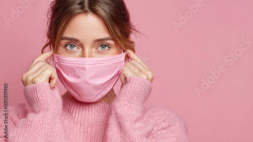 a woman wearing a pink mask covering her face
