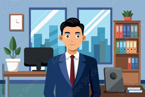 Business professional standing confidently in a modern office setting with city view