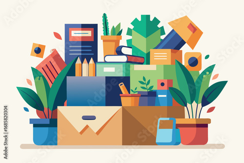 Colorful workspace arrangement with plants and stationery in an organized setup