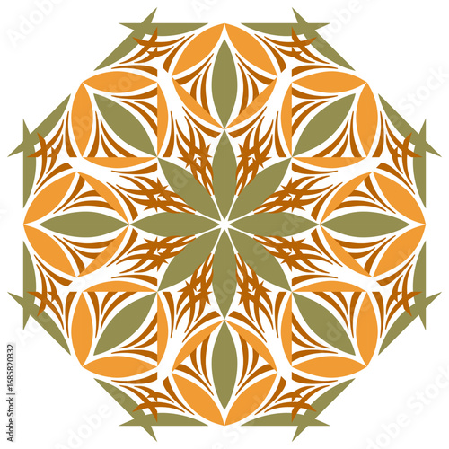 Autumn mandala vector illustration. Seasonal pattern in autumnal colors. Ornamental round pattern. Folklore ornament with leaves and lines. Ethnic decor for clothes, home, office, stationery