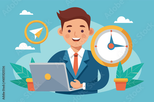 Smiling man in suit working on laptop with clock and plants in bright office setting