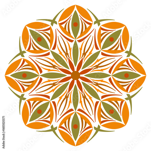 Autumn round mandala vector illustration. Seasonal pattern in autumnal colors. Folklore ornament with leaves and lines. Ethnic decor for clothes, home, office, stationery
