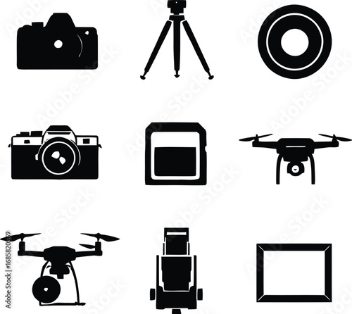 Illustration of photography equipment including cameras drones and tripods in black silhouette style