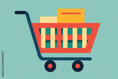 Online shopping cart filled with colorful packages against a simple background