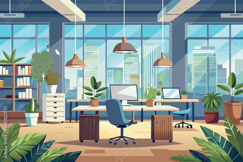 Modern office interior with plants, large windows, and contemporary furniture in a cityscape view
