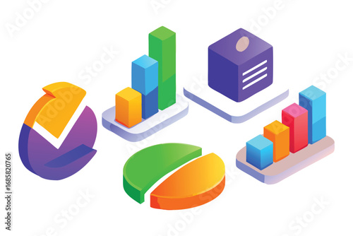 Assorted isometric 3D charts and graphs on white background analytics bar chart