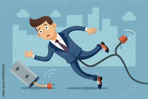 Businessman slips while tripping over a charging cable in an urban setting during the day