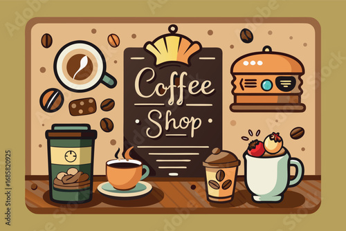 Delightful coffee shop layout with various beverages and snacks displayed on a wooden table