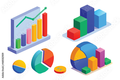 Collection of isometric 3D charts including bar and pie charts on white background