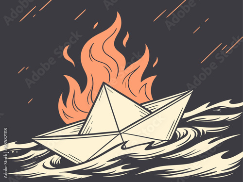 Burning Paper Boat Symbolizing Fragility and Destruction