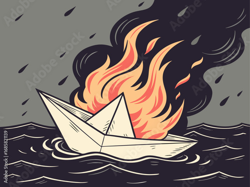 Burning Paper Boat Symbolizing Fragility and Destruction