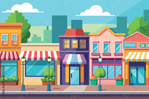 Colorful storefronts line a vibrant street in a lively urban area during the day