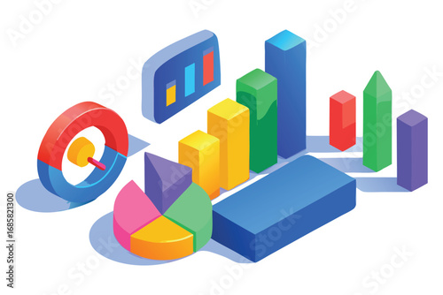Isometric 3D bar and pie charts with arrow and data bars on white background analytics