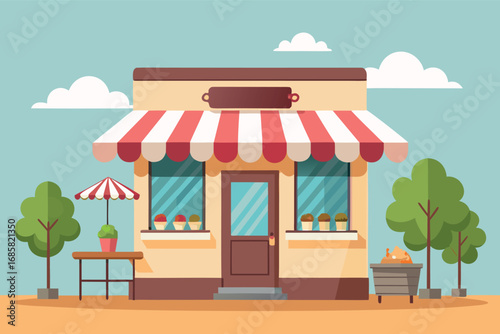 Colorful ice cream shop with striped awning in a sunny outdoor setting