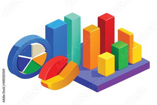 Isometric 3D bar and pie charts with colorful segments on white background analytics