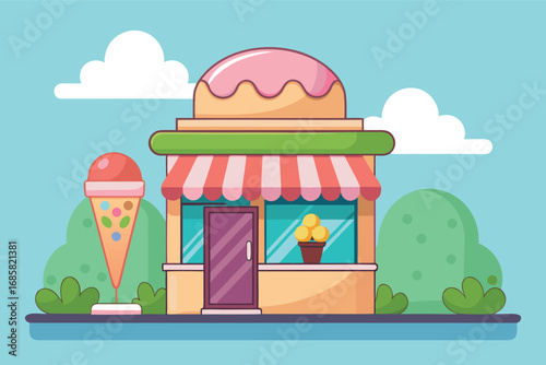 Colorful ice cream shop with cone and cheerful design in a sunny outdoor setting