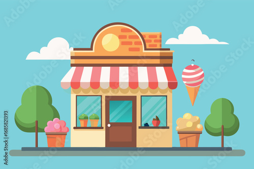 Charming ice cream shop with colorful decor and inviting atmosphere in a sunny setting