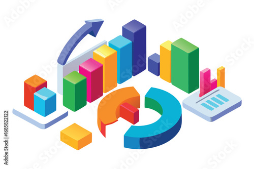 Isometric colorful bar charts pie chart and upward arrow on white background graph